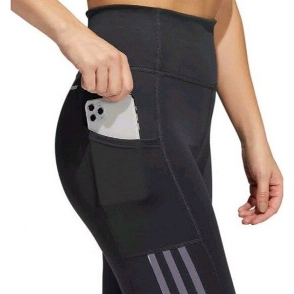 NWT Adidas Womens 7/8 Leggings Black w/ 3 Gray Stripes Size Medium - Picture 2 of 2
